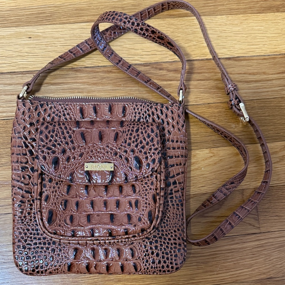 Rioni Croc-Embossed Brown Crossbody Bag with Gold Plate